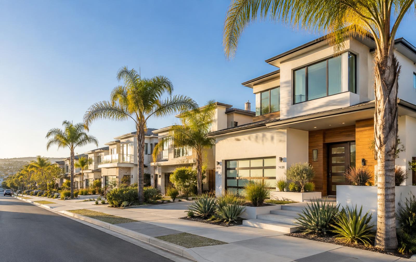 Sunny street of newly built modern Southern California homes with palm trees