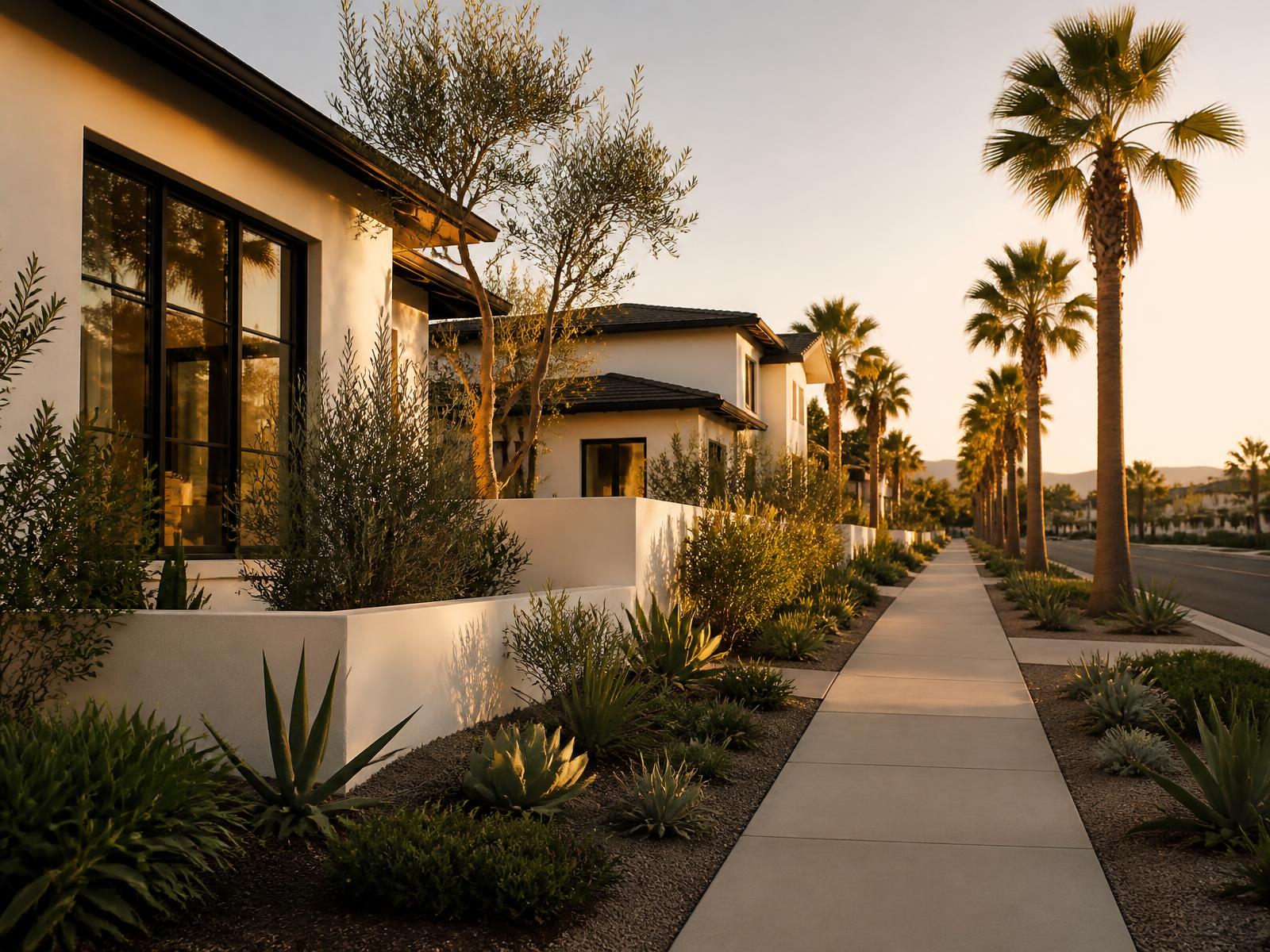 Newly built Southern California homes at dusk with warm interior lighting